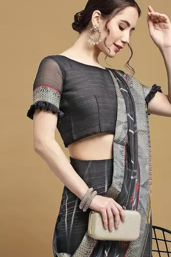 Women's black chiffon geomatric print chiffon saree with blouse