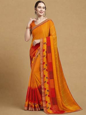 Women's yellow red chiffon geomatric print chiffon saree with blouse 1