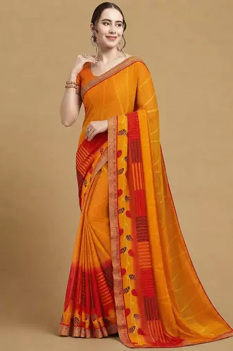 Women's yellow red chiffon geomatric print chiffon saree with blouse