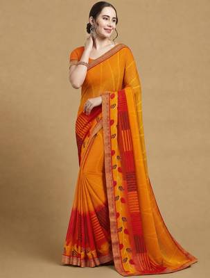 Women's yellow red chiffon geomatric print chiffon saree with blouse 2