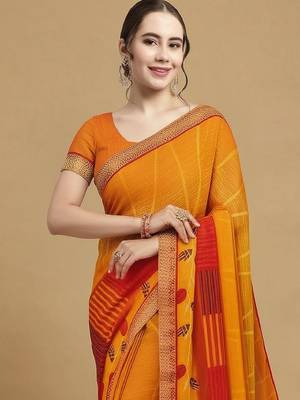 Women's yellow red chiffon geomatric print chiffon saree with blouse 3