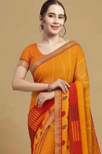 Women's yellow red chiffon geomatric print chiffon saree with blouse