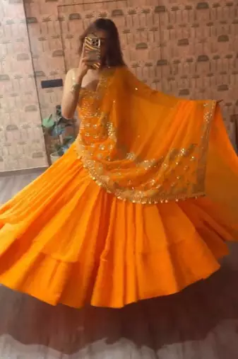 Orange Color Printed Embroidery Work Georgette Navratri Lehenga choli set