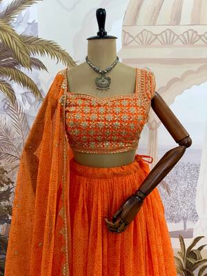 Orange Color Printed Embroidery Work Georgette Navratri Lehenga choli set 2