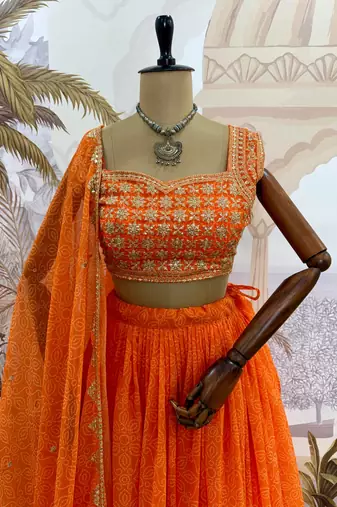 Orange Color Printed Embroidery Work Georgette Navratri Lehenga choli set