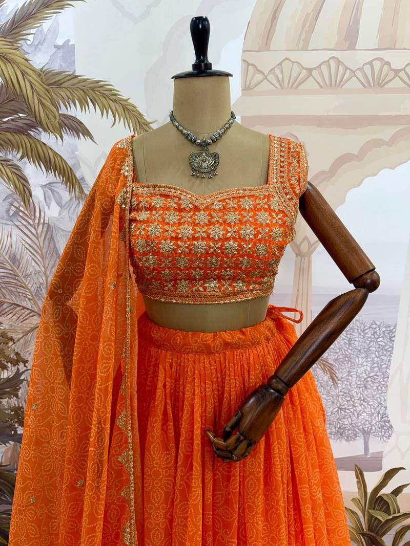 Orange Color Printed Embroidery Work Georgette Navratri Lehenga choli set