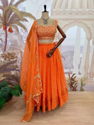 Orange Color Printed Embroidery Work Georgette Navratri Lehenga choli set 3