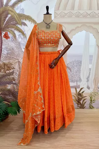 Orange Color Printed Embroidery Work Georgette Navratri Lehenga choli set