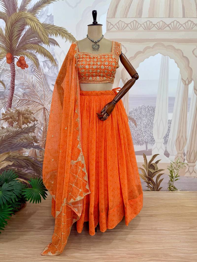 Orange Color Printed Embroidery Work Georgette Navratri Lehenga choli set