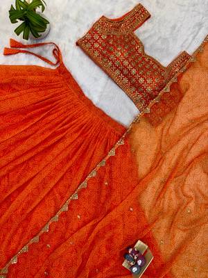 Orange Color Printed Embroidery Work Georgette Navratri Lehenga choli set 4