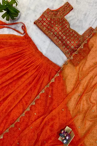 Orange Color Printed Embroidery Work Georgette Navratri Lehenga choli set