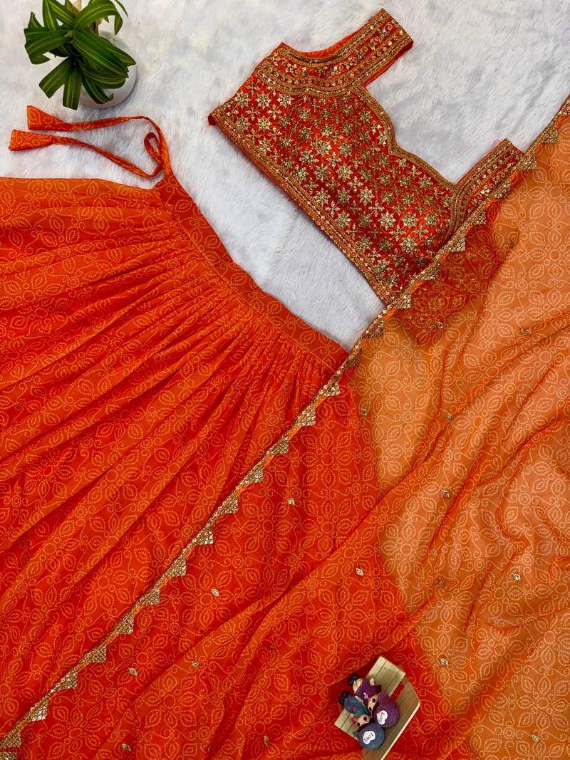 Orange Color Printed Embroidery Work Georgette Navratri Lehenga choli set