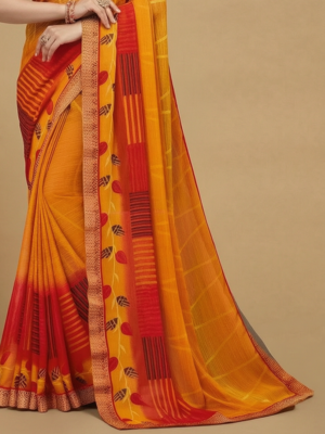Women's yellow red chiffon geomatric print chiffon saree with blouse 4