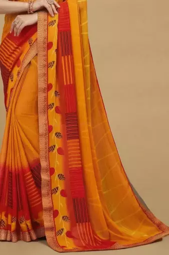 Women's yellow red chiffon geomatric print chiffon saree with blouse