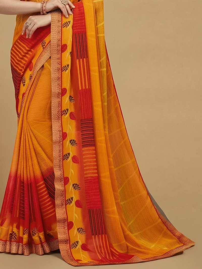 Women's yellow red chiffon geomatric print chiffon saree with blouse