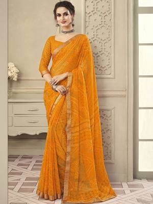 Women's yellow bandhani print chiffon saree with unstitch blouse 1
