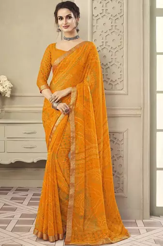 Women's yellow bandhani print chiffon saree with unstitch blouse