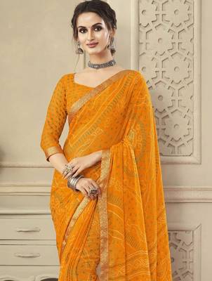 Women's yellow bandhani print chiffon saree with unstitch blouse 2