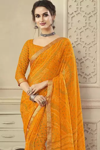 Women's yellow bandhani print chiffon saree with unstitch blouse