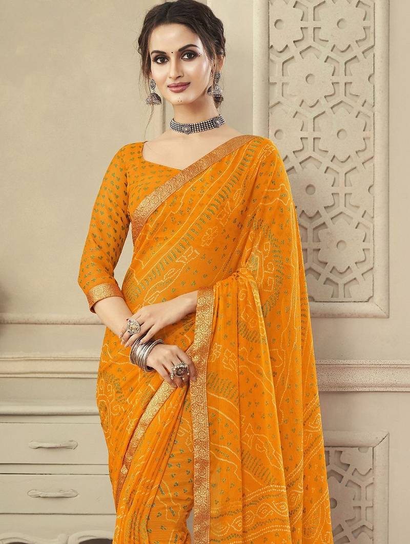 Women's yellow bandhani print chiffon saree with unstitch blouse