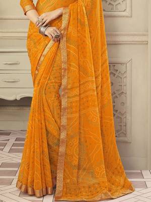 Women's yellow bandhani print chiffon saree with unstitch blouse 3