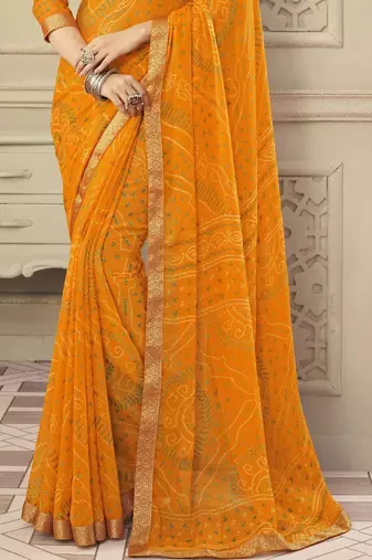 Women's yellow bandhani print chiffon saree with unstitch blouse
