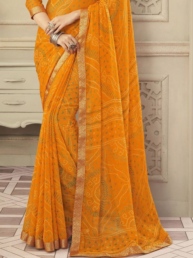 Women's yellow bandhani print chiffon saree with unstitch blouse