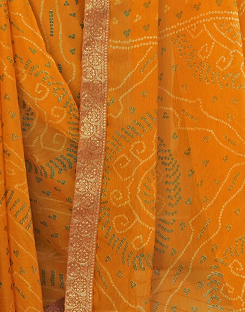 Women's yellow bandhani print chiffon saree with unstitch blouse