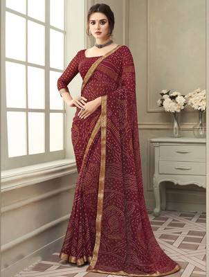 Women's maroon bandhani print chiffon saree with unstitch blouse 1