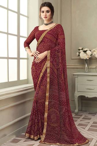 Women's maroon bandhani print chiffon saree with unstitch blouse