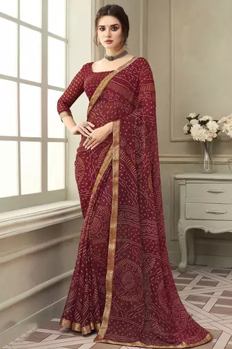 Women's maroon bandhani print chiffon saree with unstitch blouse