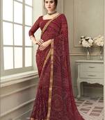 Women's maroon bandhani print chiffon saree with unstitch blouse