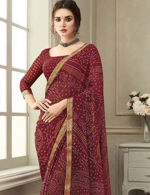 Women's maroon bandhani print chiffon saree with unstitch blouse 2