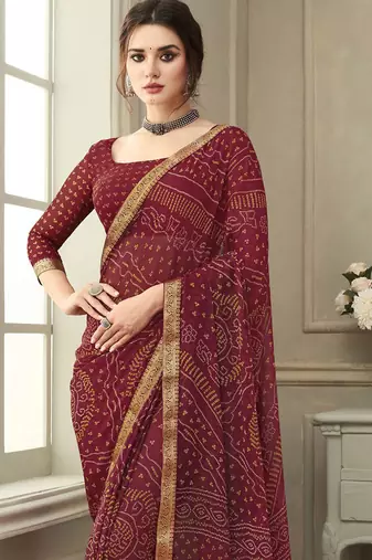 Women's maroon bandhani print chiffon saree with unstitch blouse