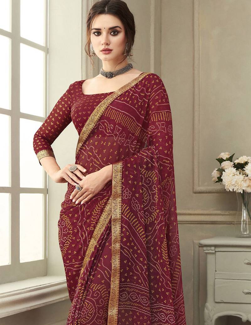 Women's maroon bandhani print chiffon saree with unstitch blouse