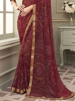 Women's maroon bandhani print chiffon saree with unstitch blouse 3