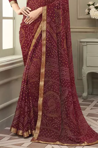 Women's maroon bandhani print chiffon saree with unstitch blouse