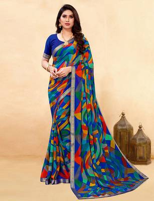 Women's blue multi chiffon leheriya print chiffon saree with blouse 1