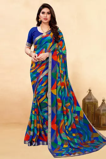 Women's blue multi chiffon leheriya print chiffon saree with blouse