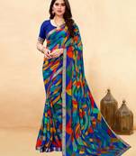 Women's blue multi chiffon leheriya print chiffon saree with blouse