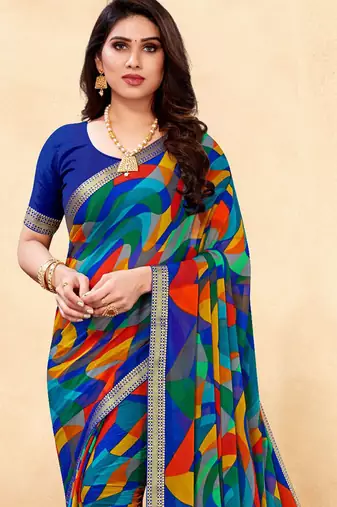 Women's blue multi chiffon leheriya print chiffon saree with blouse