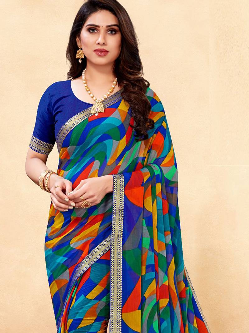 Women's blue multi chiffon leheriya print chiffon saree with blouse