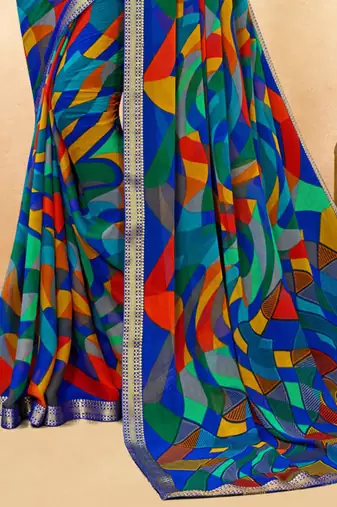 Women's blue multi chiffon leheriya print chiffon saree with blouse