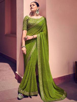 Women's green georgette leheriya print saree with blouse 1