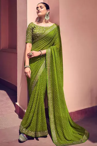 Women's green georgette leheriya print saree with blouse