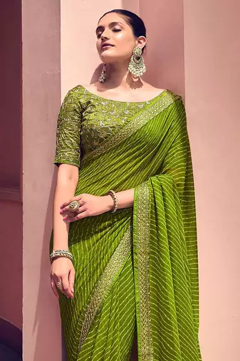 Women's green georgette leheriya print saree with blouse