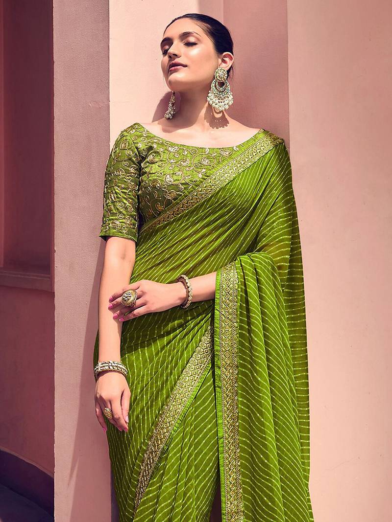 Women's green georgette leheriya print saree with blouse