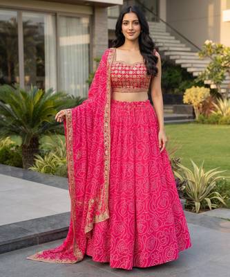 Rani Pink Printed Embroidery Work Georgette Navratri Lehenga choli set 1