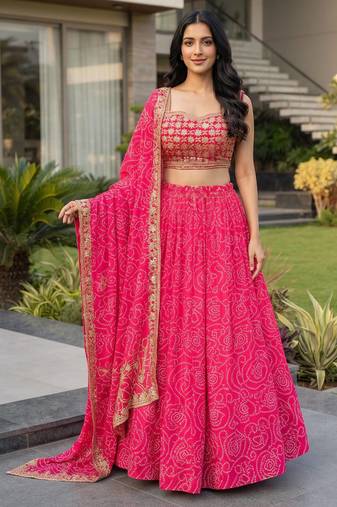 Rani Pink Printed Embroidery Work Georgette Navratri Lehenga choli set