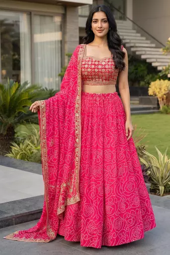 Rani Pink Printed Embroidery Work Georgette Navratri Lehenga choli set